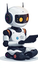 Cute robot seated with a tablet device.