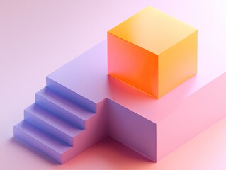 Obraz premium Orange cube atop purple platform & stairs