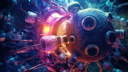 Intricate Microbial Structure with Vibrant Energy Pulses and Colors