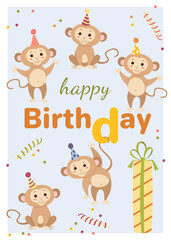 Obraz premium Greeting card with cute monkeys in party hats. Vector illustration for greeting card, poster, poster.