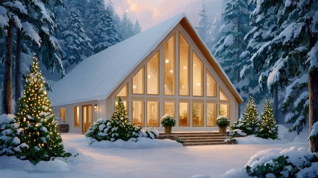 A Cozy A Frame Cabin in a Snowy Winter Wonderland Illuminated by Christmas Lights