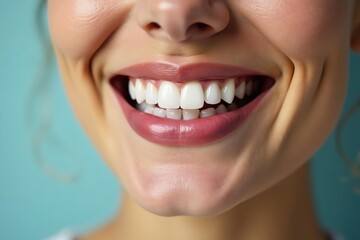 Obraz premium Close-up of gleaming white teeth after using a breath whitening product , confident smile, healthy gums