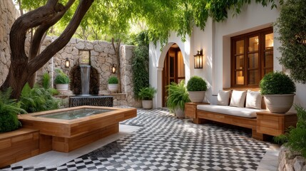 Fototapeta premium Serene Courtyard Oasis Wooden Hot Tub Checkered Patio and Tranquil Waterfall