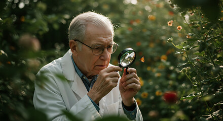 Exploring natures hidden wonders a botanist carefully examines a butterfly with magnifying glass peaceful moment in a vibrant garden