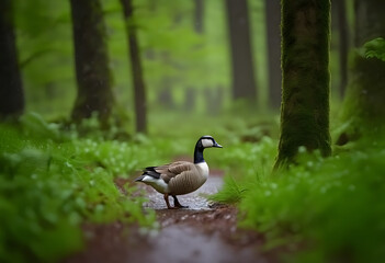 Obraz premium Goose standing in lush green forest path