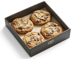 Four rich chocolate chip cookies in a black box