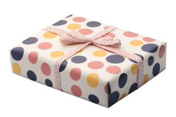 Wrapped Gift Box with Colorful Polka Dots and Decorative String Bow