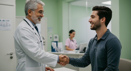 Obraz premium Seasoned Doctor in White Coat Firmly Shakes Hand with Young Male Patient Smiling Genuinely in Bright Hospital Clinic
