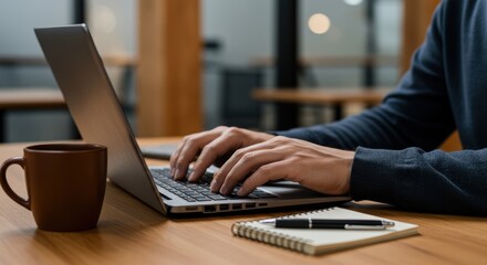 Person typing on laptop at wooden desk