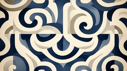 Fototapeta premium Abstract design with swirling patterns in cream and navy blue, creating a symmetrical, geometric tiled effect