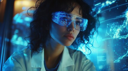 Focused female scientist wearing futuristic glasses, analyzing data on a holographic screen.
