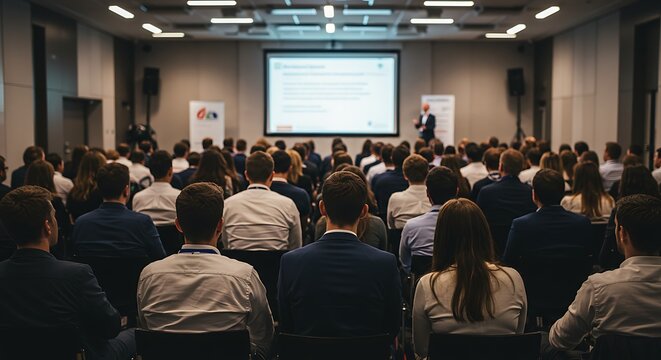 Business people or students are watching a presentation or attend a training or seminar in a lecture hall or auditorium. Conference hall full of people participating in the business training