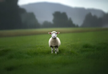 Lone sheep standing still in a rainy green meadow