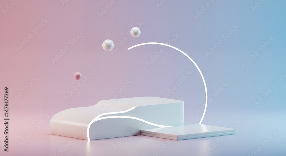 Poster minimalist abstract 3d rendering of a white podium with floating spheres and a curved neon outline a