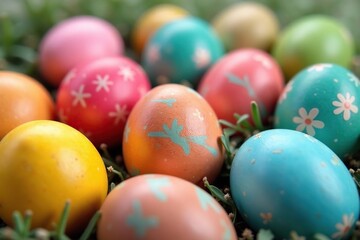 Naklejka premium Colorful Easter eggs displayed in a festive arrangement, ready for a celebration , spring season, craft