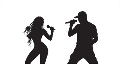 Naklejka premium silhouette of two girls microphone musician, silhouette, vector, microphone, drummer, group, music, disco, man, rock music, people, music festival