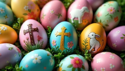 Fototapeta premium A colorful array of Easter eggs decorated with Christian symbols, including crosses and lambs , lamb, faith, artwork