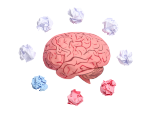 Pink Brain with Colorful Crumpled Paper Balls on Transparent Background
