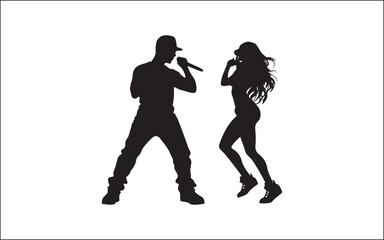 silhouette of a young couple microphone musician, silhouette, vector, microphone, drummer, group, music, disco, man, rock music, people, music festival