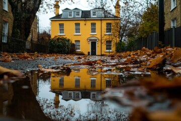 Fototapeta premium Autumnal Reflection of a Yellow House