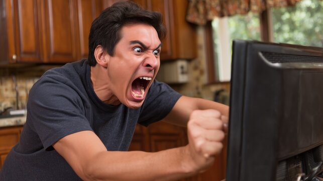 Mad, angry brunette young man shouting on a PC screen