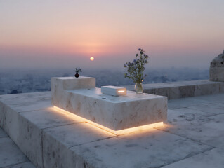 sleek 3d rendering of a white marble table with soft white led strip lighting underneath, featuring a minimalist keyboard and a single flower in a vase, a small lamp