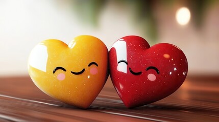 Two Cute Cartoon Hearts Together on Wood