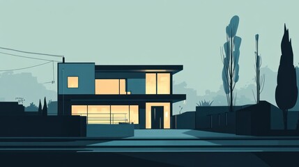 Naklejka premium Modern home design illustration at twilight.