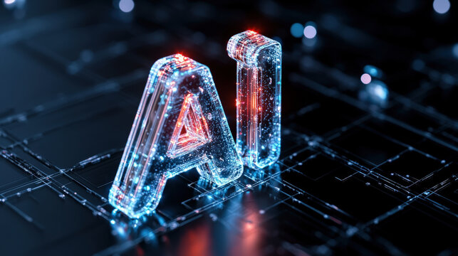 Futuristic glowing AI letters on digital grid background, showcasing sleek and modern design with high tech feel. image conveys innovation and advanced technology