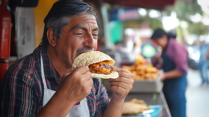  A hungry tourist eagerly biting into a gordita at a food stand in Mexico -