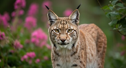 Fototapeta premium Close-up of a wild lynx showcasing its patterned fur and distinctive ear tufts, set within a natural environment with soft lighting.