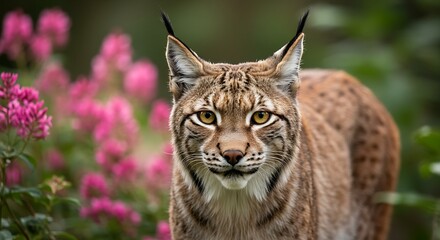 Obraz premium Striking portrait of a Eurasian lynx, its yellow eyes focused on the viewer, against a backdrop of colorful pink and green vegetation.