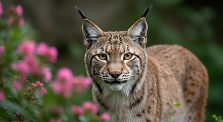 Fototapeta premium Majestic Eurasian lynx with piercing yellow gaze, captured in a close-up shot among blurred pink blossoms and lush green plants.