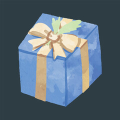 blue gift with yellow ribbon in watercolor design and isolated background