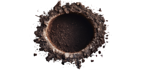 Hole in ground isolated. Deep earth nature land surface texture, dig, pit, burrow, soil	

