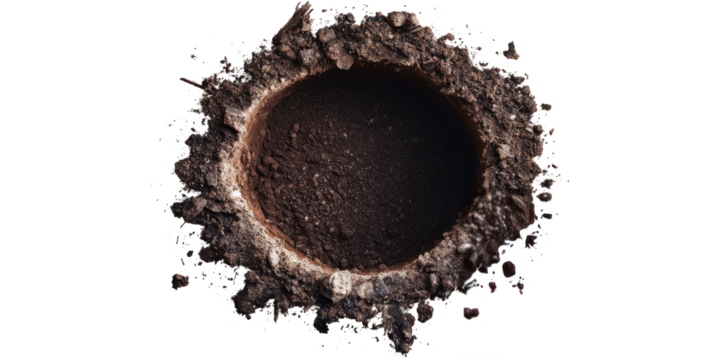 Hole in ground isolated. Deep earth nature land surface texture, dig, pit, burrow, soil	
