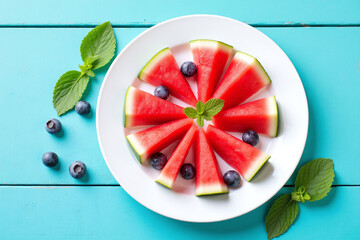 watermelon popsicles with blueberries and mint leaves on a white plate