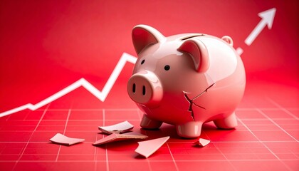 broken piggy bank on red economic graph symbolizes financial struggles and inflation