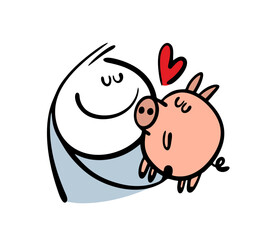 Obraz premium Funny stickman hugs a pet on a farm, the love between man and animal. Vector illustration of a mini pig or piglet.