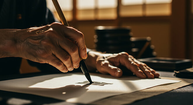 Masterful brushstrokes elegant art serene moment Japanese calligraphy tradition