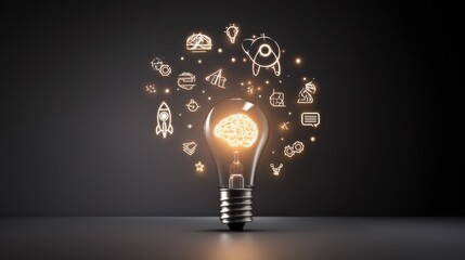A glowing light bulb surrounded by a constellation of icons representing the driving forces behind creative problem solving technological advancements and innovative breakthroughs