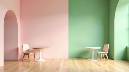 Pastel Walls, Wooden Chairs, and Simple Tables in a Minimalist Room Setting