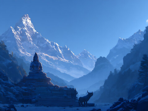 serene digital painting of lord shiva meditating in the himalayas with nandi the bull peacefully resting beside him, snow-capped mountains in the background,