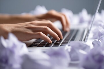 Typing amidst a sea of crumpled paper, a story of creativity and struggle