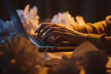 Late-night writing marathon: Struggle with creative process, crumpled paper surrounding the laptop