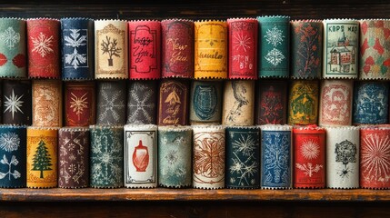 Rows of holiday-themed New Year stamps with cozy designs, including snowflakes, warm wishes, and festive patterns