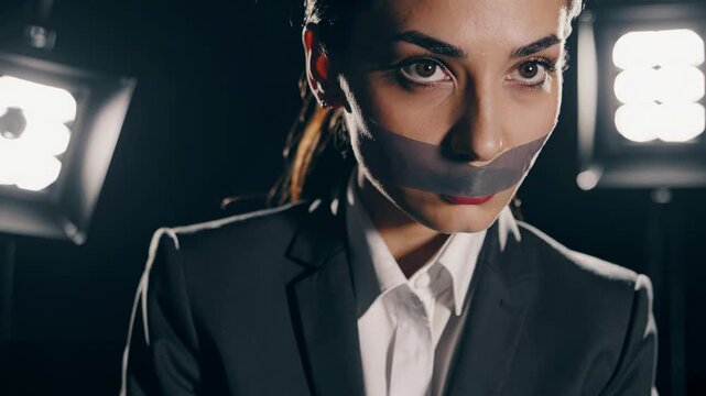 Businesswoman showing silent determination with taped mouth