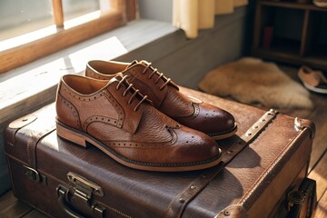 Elegant Leather Dress Shoes on Vintage Suitcase with Warm Lighting