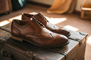 Elegant Leather Dress Shoes on Vintage Suitcase with Warm Lighting