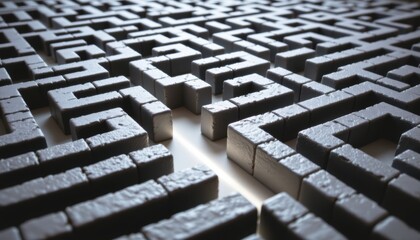 Abstract black maze structure with geometric patterns and depth.